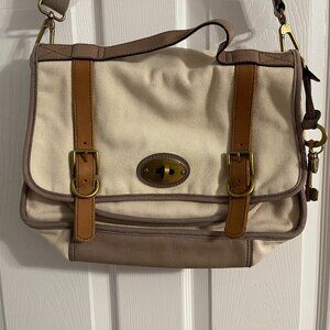 FOSSIL VINTAGE RE ISSUE FLAP MESSENGER LARGE Natural Canvas/ Leather ZB462